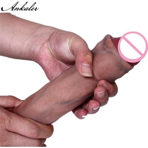 Simulation Dildo Realistic Sliding Foreskin 18.5Cm G Spot Stimulate Soft Silicone Penis Soft Huge Big Dick Suction Cup Sex Toy