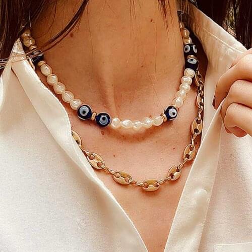 Exquisite ccessories layer fashion blue pattern beaded Murano glass evil eye beads freshwater pearl necklaces for women jewelry
