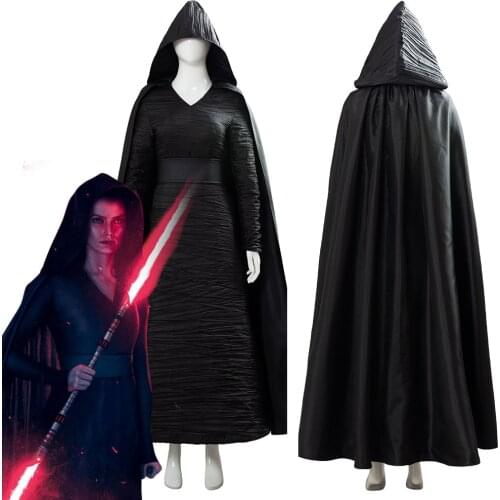 Movie Star Uniform Costume Rey Skywalker Palpatine Cosplay Adult Women Girl Black Dress Cloak Halloween Carnival Suit