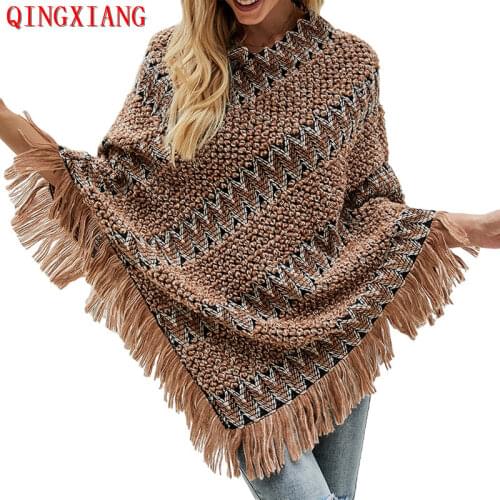 2019 Hot Selling Multicolor 3 Colors Sweater Winter Warm Cloak Knitted Tassel Loose Poncho Women Diagonal Striped Pullover