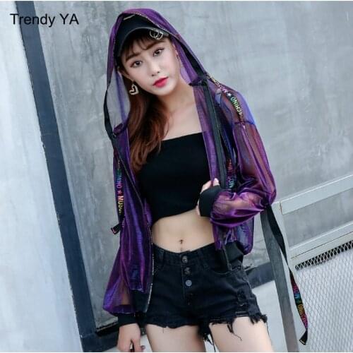 Fashion Quality Summer Rave Wear Clothes Holographic Burning Hoodies Outfits Hologram Women Rainbow Metal Mesh Jacket Clothings