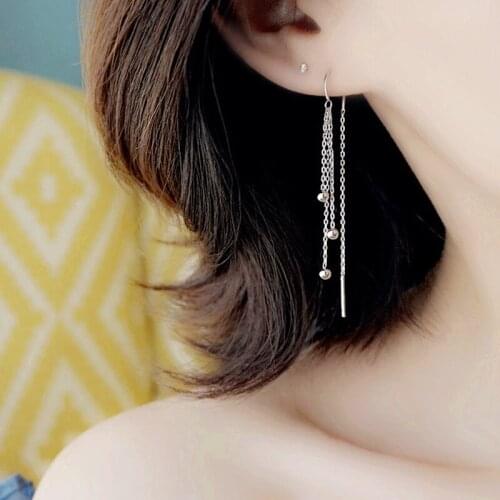 Fashion Women Ear Line Jewelry Anti-allergic Silver Color Stainless Steel Chains Bead Tassel Long Earrings Statement Accessories