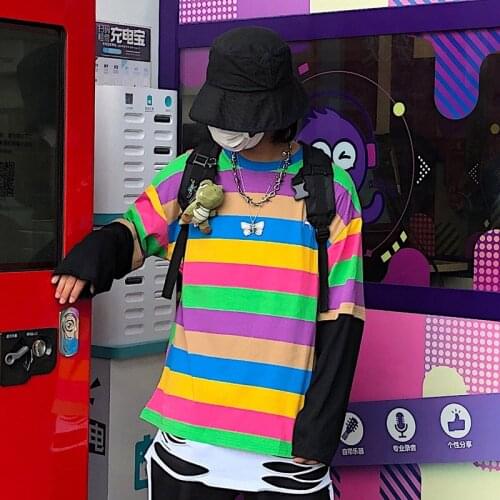 2021 New funny rainbow striped high quality hip hop t-shirt long sleeves All-match Harajuku streetwear College style Streetwear