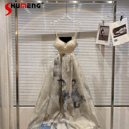 2021 Summer New Chinese Ink Style Puffy Mesh Cinched Chest Pad Suspender Dress for Women