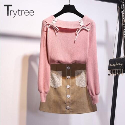 Trytree 2020 Autumn Winter Two piece set Casual Slash neck Solid Top + Skirt Mini Pockets Button Fashion Office Lady 2 Piece Set