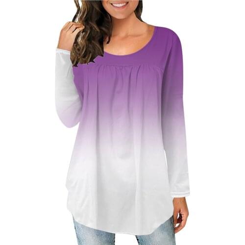 Autumn Womens Tops And Blouses Womens Fashion Gradient Crinkle O-neck Loose Long-sleeved Blouse Tops Blusas Mujer De Moda 2021
