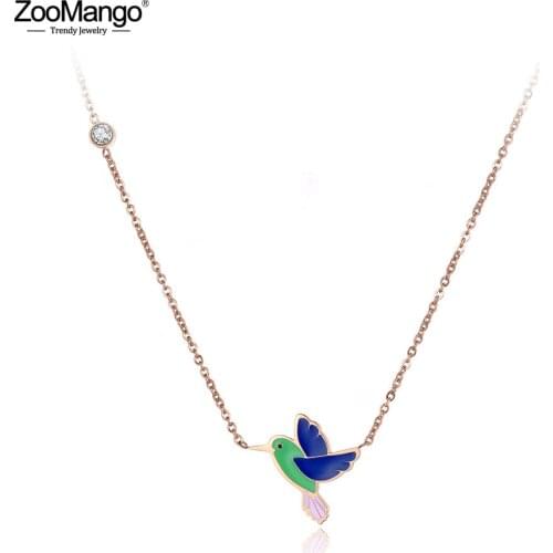 ZooMango Trendy Stainless Steel Colorful Glaze Hummingbird Choker Necklace Jewelry Animal Pendant Necklace For Girls ZN19054