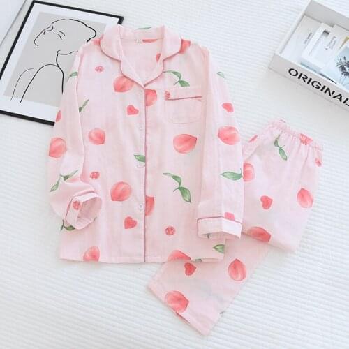 Spring/summer New Pajamas Set Women Pure Cotton Gauze Long Sleeve Peaches Pajamas Set for Ladies Soft Thin Comfortable Home Wear
