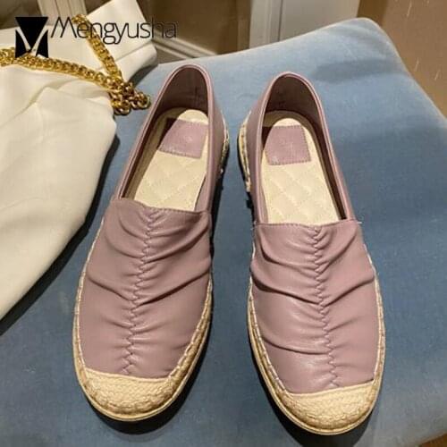 Pleated PU Leather Espadrilles Shoes Woman Hemp Flats Casual Slip On Loafers Straw Sewing Fisherman Moccasins Women Plaid Flats