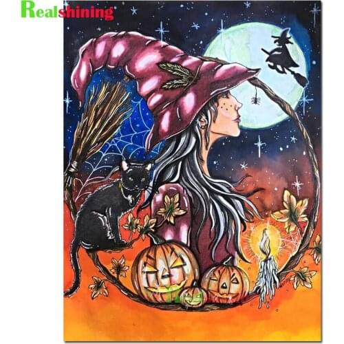 Full Square/Round 5d diy diamond embroidery Witch and black cat diamond painting Golden pumpkin Halloween Decor N1677