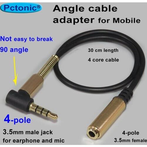 PCTONIC Right Angle 3.5mm Audio Jack 4 pin Pole Earphone cable adapter 90 degree bending headphone quarter extension