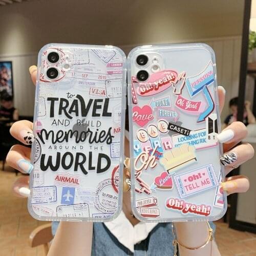 INS World TRAVEL Ticket Label Letter Silicone Soft Phone Case For iPhone 12 Pro Max 11 Pro XS Max X XR SE2 7 8 Plus Laser Cover