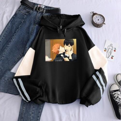 Funny Anime Haikyuu Hinata Shoyo And Kageyama Tobio Kiss Hoodies Women Aesthetic Hip Hop Streetwear Fashion Winter Sweatshirt