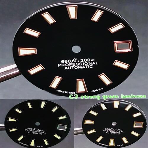 Luminous Watch Dial 28.5MM C3 Green Replacement Black Sterile Watch Dial for NH35 NH36 Watch Movement Modification Kit