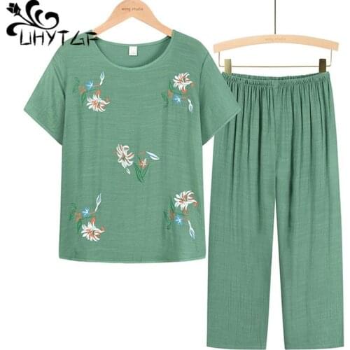 UHYTGF Womens Pajamas Suit Printing Cotton Linen Summer Sleepwear 2 Piece Casual Female Home Wear Thin Plus Size Nightwear 1380