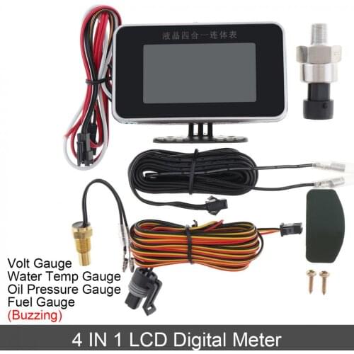 Universal 12V Buzzing 4 In 1 Car LCD Digital Volt Gauge + Water Temp Gauge + Oil Pressure Gauge + Fuel Gauge with Sensor