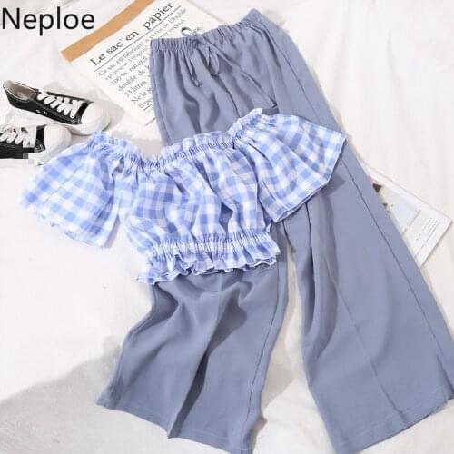 Neploe 2 Piece Set Women Plaid Slash Neck Puff Sleeve Blouses+Solid Stretch Waist Drawstring Ladies Pants Fashion Suits A10023