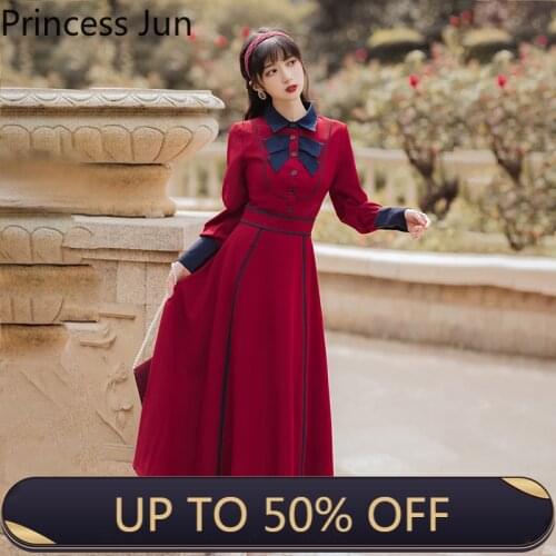 Elegant British Retro Women Color Contrast A Line Dress Autumn Winter New Long Sleeve Fake Bow Dark Red Midi Slim Dress Vestidos