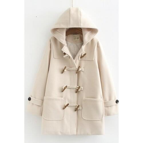 2018 Winter New Preppy Style Hooded Long Sleeve Horn Buckle Wool Coat Double Breasted Pocket Woolen Outwear Student Hooded Coats