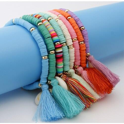 ZV Hot Bohemian Beach Handmade Brass Color Polymer Clay Shell Tassel Rope Chain Beaded Jewelry For Women Jewelry Gift