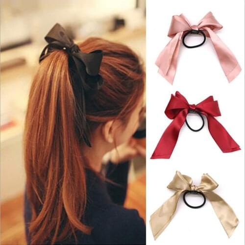 1Pc Women Rubber Hair Bands Tiara Satin Ribbon Bow Rope Hair Scrunchies For Girls Elastic Ponytail Holder Gum Hair Accessories