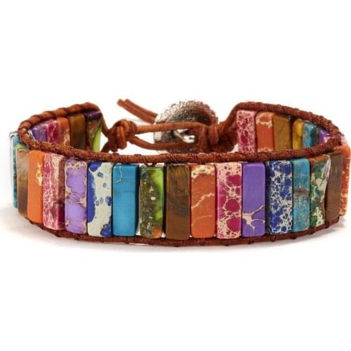 12pcs 7 Chakra Jewelry Handmade Multicolour Natural Stone Tube Beads Leather Wrap Bracelet Couples Bracelets Creative Gifts Free