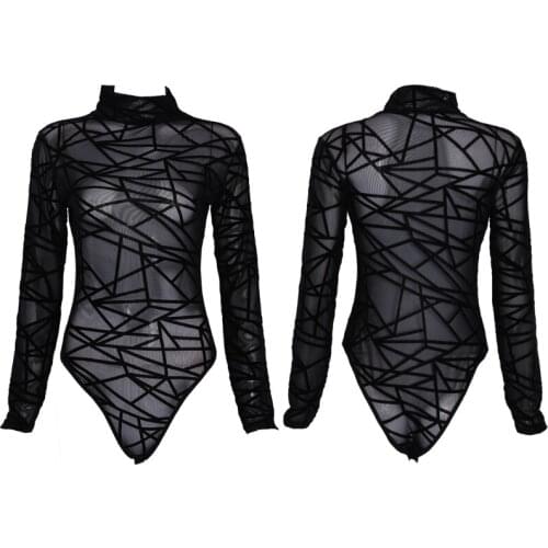 See-through Mesh Long Sleeve High Neck Bodysuit Leotard Top Jumpsuits For Women D08E