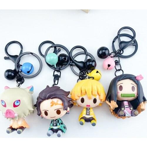 10pcs Demon Slayer Anime Cosplay Keychain PVC Keychain Chain Kamado Tanjirou Cosplay Pompom Yaiba Keyring Pendant