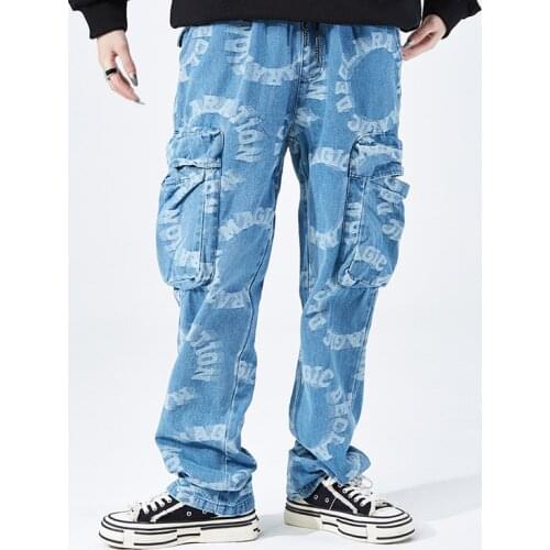 Black Blue Retro Jacquard Cargo Denim Flared Pant Harajuku Hip Hop Big Pockets for Men Women Streetwear Fashion Flare Jeans