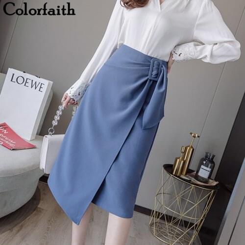 Colorfaith 2019 Women Autumn Winter Women Skirts Irregular Knee-Length Midi Elegant Office Lady Minimalist Style Ladies SK5854