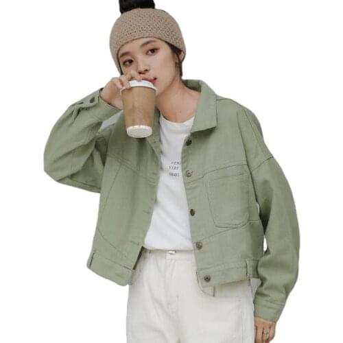 Denim Jacket Casual Loose Turn-down Collar Long Sleeve Cropped Jacket Vintage Korean Beige Outerwear Female