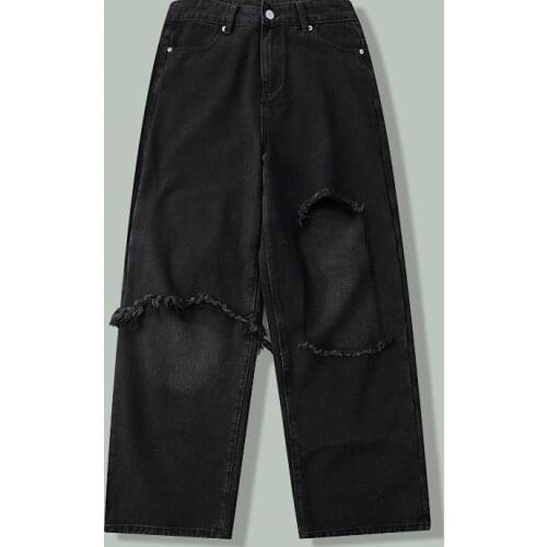 Hip Hop Wash Distressed Retro Hole Jeans Men Harajuku Streetwear Goth Wide Leg Pants 2021Autumn Casual Jogger Oversized Trousers