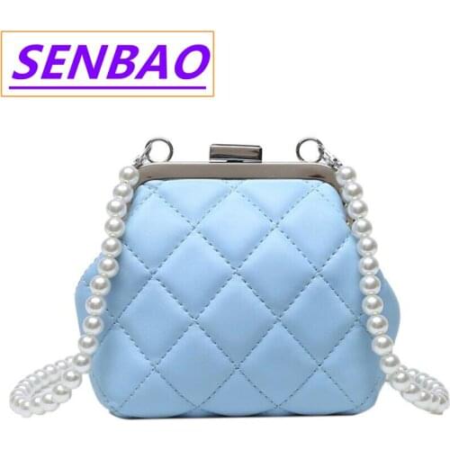Elegant Blue Black Lattice Banquet Shell Bag Soft Pu Leather Crossbody Bag For Women 2022 New Pearl Chain Evening Shoulder Bag