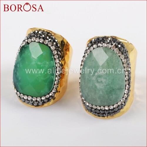 BOROSA New Size 6 Natural Amazonite & 100% Australia Green Stone Druzy Gold Band Ring Simple Design Gems Adjustalbe Ring JAB791