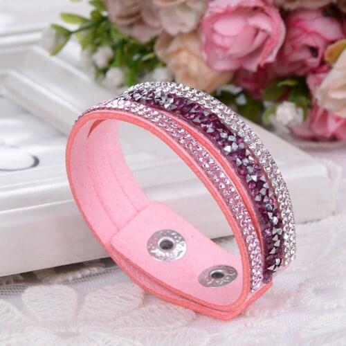 Leather Crystal Stone Cuff Bracelets for Women Fashion Jewelry 2018 Wholesale Rhinestone Pink Multilayer Wrap Bracelet Feminino