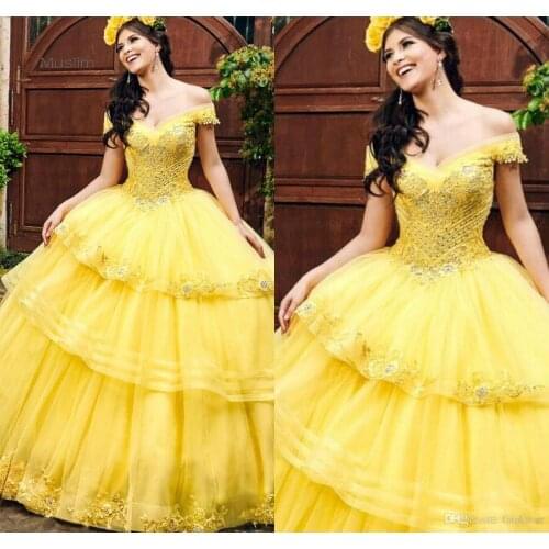 Beautiful Yellow Quinceanera Dresses 2021 Off The Shouder Tiered Beaded Sweet 15 Years Old Birthday Dresses Vintage Prom Dress
