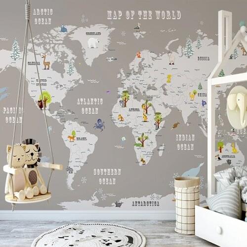 Custom Mural Non-woven Wallpaper For Kids Room 3D Cartoon Animal World Map Children Boys Girls Room Bedroom Photo Wall Paper 3D
