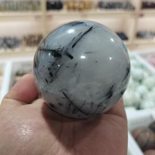 80mm Natural Black Rutilated Quartz crystal sphere black tourmaline crystal reiki healing ball 1pcs