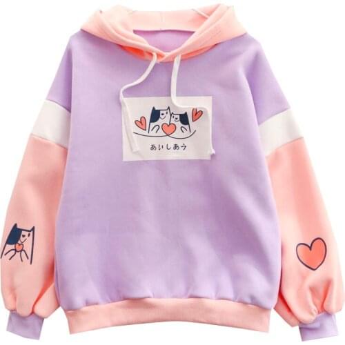Cartoon Cat Print Casual Hooded Sweatshirt Women 2021 Winter Long Sleeve Drawstring Hoodies Sweet Style Harajuku Fleece Top