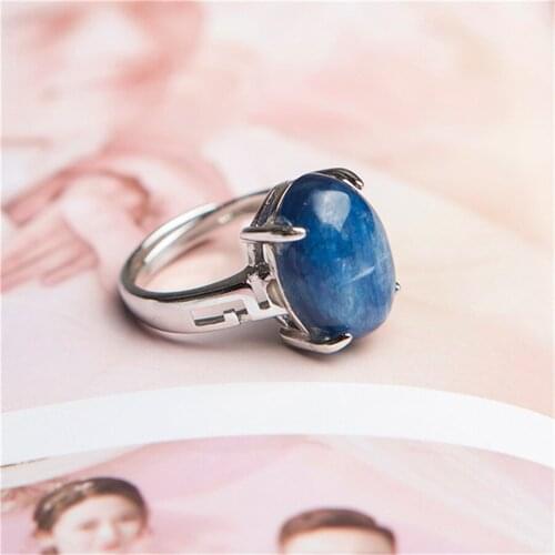 Adjustable Genuine Natural Blue Kyanite Cat Eye 15*11mm Round Stone Bead Women Lady Anniversary Ring