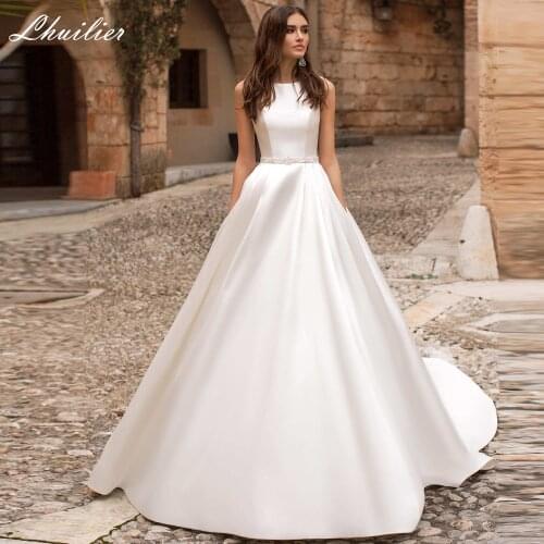 Lhuilier Womens A Line Satin Wedding Dresses Sleeveless Floor Length Scoop Neck Crystal Beaded Bridal Gowns with Belt