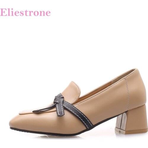 Brand New Sweet Brown Apricot Women Casual Pumps Med Chunky Heels Lady Nude Shoes SA29 Plus Big Small Size 10 30 32 44 46