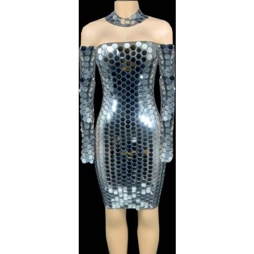 New Prom Party Dress Women Shining Mirror Transparent Short Birthday Dresses Bar Dance Show Mesh See Through Singer Costume