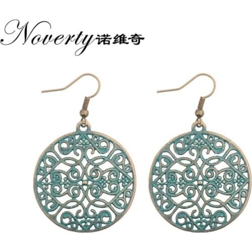 2019 New 1 Pair 38mm Retro Patina Plated Zinc Alloy Green Round Earrings for Womens Fashion Jewelry Gifts Date and Party