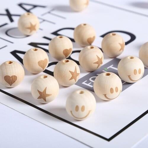 10pcs 18x20mm Carving pattern wooden beads natural color round shape star smile pattern for home DIY handmade baby crafts supply