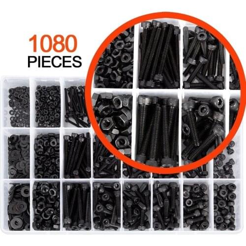 1080pcs M2 M3 M4 Screws Nuts and Washer Assortment Kit Black Hex Head Socket Cap Machine Screws Nuts Set