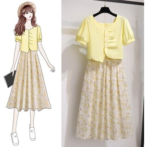 2021 Summer New Temperament Square collar Single-breasted Crop Shirt + High waist Floral Print Embroidery Long Skirt 2 piece Set