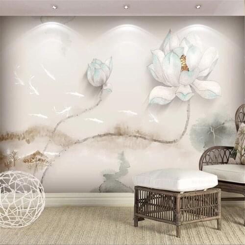 Milofi custom 3D decorative mural wallpaper Chinese style simple and elegant ink painting lotus and nine fish background wall