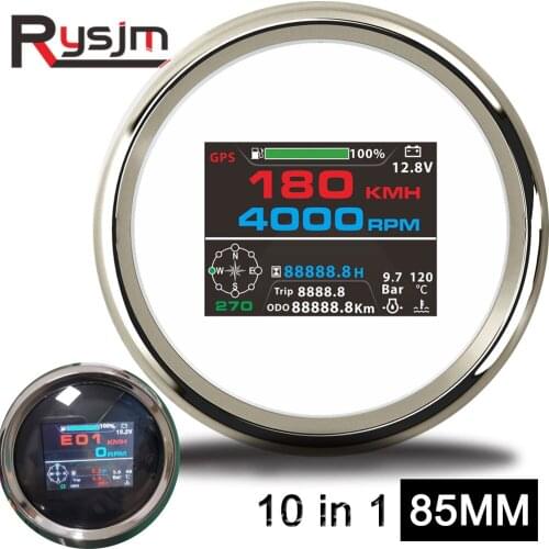 85mm GPS Speedometer 10 in 1 Auto Marine Multi-functional Gauge Voltmeter 9~32V Fuel Level Water Temp Oil Pressure With Alarm