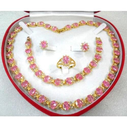 Free Shipping noble and generious pink zircon necklace earring bracelet and ring sets fro valentines day gift